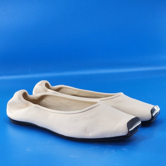 TORY BURCH Runway Leather Ballet Flats Cream Square Toe Stretch - Picture 3 of 6
